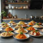 Gekochtes pasta-paket mit tomatensauce und knusprigem brot auf einem küchentisch in einer modernen küche.