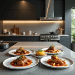 Oberer Bildrand über Kücheninsel mit mehreren servierten Gerichten, moderner Küche im Hintergrund, viel natürlichem Licht, stilvoll und einladend, perfekt zum gemeinsamen Kochen.