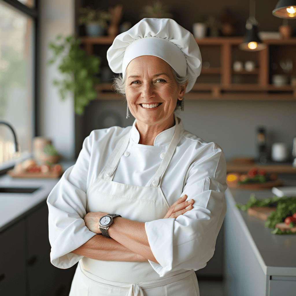 Köchin in Küchenumgebung, trägt traditionelle Kochmütze und weiße Kochjacke, lächelt freundlich, bereit zum gemeinsamen Kochen.