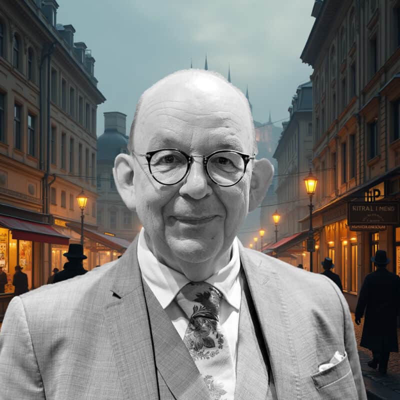 Ein eleganter älterer Mann in Anzug und Brille steht auf einer belebten Stadtstraße bei Nacht, umgeben von historischen Gebäuden und Laternen, die ein warmes Licht spenden.